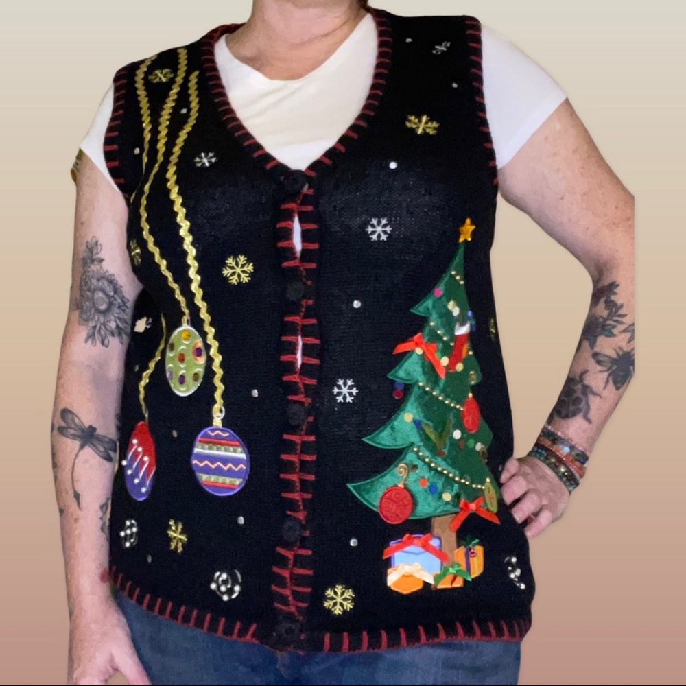 UGLY Christmas Appliqué Embroidered Christmas Sweater Vest sz xlarge